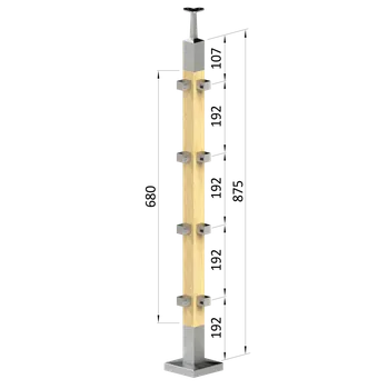 Dřevěný sloup, vrchní kotvení, 4 děrový rohový, vrch pevný (40x40 mm), materiál: buk, broušený povrch bez nátěru