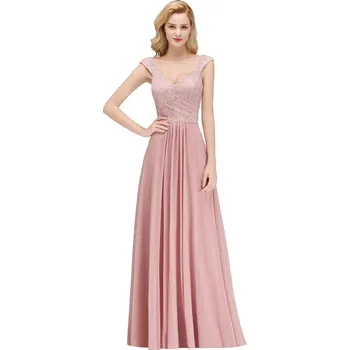 Dámské šaty Dlouhé šifonové šaty s krajkovým topem v áčkovém střihu pro družičky Barva: Růžová, Velikost: XS