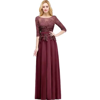 Dámské šaty Dlouhé šifonové šaty s krajkovými aplikacemi a perlami pro slavnostní večery Barva: Bordová, Velikost: XS