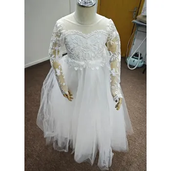 Dívčí šaty Dívčí krajkové šaty s mašlí a dlouhými rukávy pro svatební oslavu Barva: Krémová, Velikost: 6