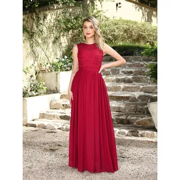 Dámské šaty Dlouhé šifonové šaty s květinovou krajkou a průsvitnými zády pro společenské akce Barva: Bordová, Velikost: 3XL