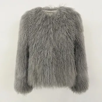 Dámská parka Dámský huňatý kabát z pravé tibetské ovčí kožešiny Barva: Šedá, Velikost: M
