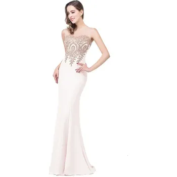 Dámské šaty Elegantní mořské šaty s krajkou a zlatými aplikacemi pro ples Barva: Krémová, Velikost: S