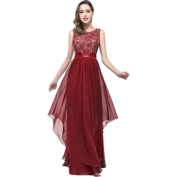 Dámské šaty Dlouhé šifonové šaty s krajkou a páskem pro ples či oslavu Barva: Bordová, Velikost: M