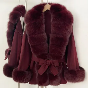 Dámská parka Elegantní vlněný kabát s pravou kožešinou pro podzim a zimu Barva: Vínová, Velikost: S