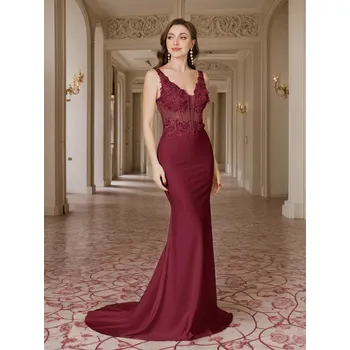 Dámské šaty Dlouhé krajkové šaty s výstřihem do V a vlečkou pro slavnostní večer Barva: Bordová, Velikost: M