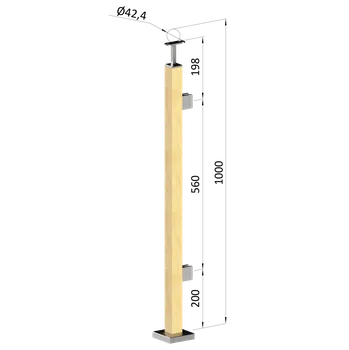 Zábradlí Dřevěný sloup, vrchní kotvení, výplň: sklo, pravý, vrch pevný (40x40mm), materiál: buk, broušený povrch bez nátěru