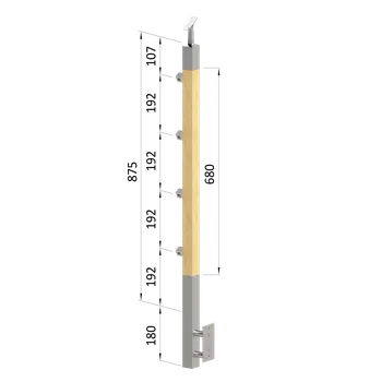 Dřevěný sloup, boční kotvení, 4 řadový, průchozí, vnější, vrch nastavitelný (40x40mm), materiál: buk, broušený povrch bez nátěru