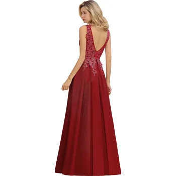 Dámské šaty Dlouhé společenské šaty s krajkou a výstřihem do V pro ples Barva: Bordová, Velikost: S