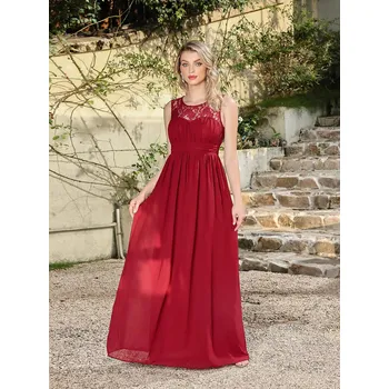 Dámské šaty Dlouhé šifonové šaty s krajkovými zády a páskem pro společenské akce Barva: Červená, Velikost: M