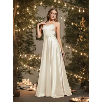 Dámské šaty Dlouhé saténové šaty s rozparkem a šněrováním na zádech Barva: Šampaňská, Velikost: 4XL