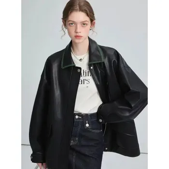 Dámský křivák Dámská koženková bunda v minimalistickém stylu pro volný čas Barva: Černá, Velikost: S