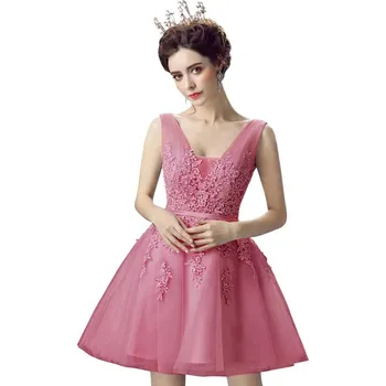 Dámské šaty Krátké tylové šaty s krajkou a výstřihem do V pro koktejlové akce Barva: Růžová, Velikost: 4XL