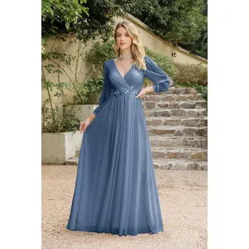 Dámské šaty Dlouhé šifonové šaty s rozparkem a krajkovými detaily pro svatební hosty Velikost: 2XL, Barva (Varianta): Mist Blue