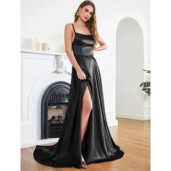 Dámské šaty Dlouhé saténové šaty s ramínky a rozparkem pro svatební družičky Velikost: XS, Barva (Varianta): CPS3026Black