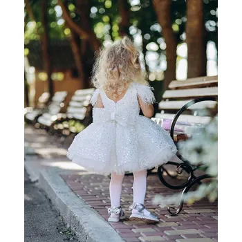 Dívčí šaty Dívčí slavnostní šaty s peříčky a kamínky pro narozeninové oslavy Barva: Bílá, Velikost: 8