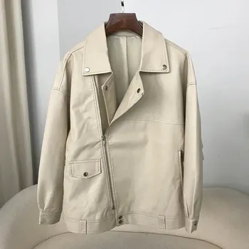 Dámský křivák Koženková bunda v motorkářském stylu s volným střihem pro městský look Barva: Béžová, Velikost: M