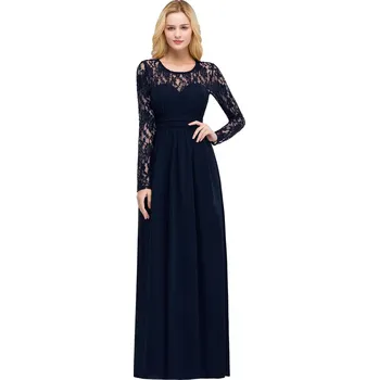 Dámské šaty Dlouhé šifonové šaty s krajkou a plisováním pro družičky Barva: Tmavě Modrá, Velikost: M