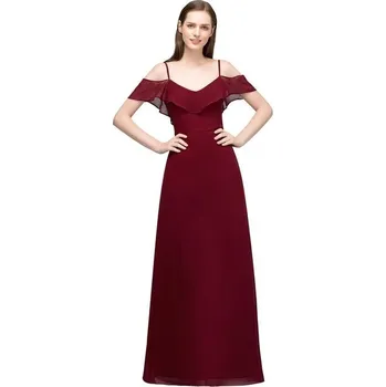 Dámské šaty Dlouhé šifonové šaty s výstřihem do V a tenkými ramínky pro plesy Barva: Bordová, Velikost: L