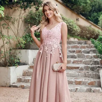 Dámské šaty Dlouhé třpytivé šaty s výstřihem do V pro večerní či svatební události Barva: Růžová, Velikost: 3XL
