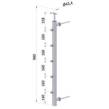 Zábradlí Nerezový sloup na francouzsky balkón, boční kotvení, 5 řadový pravý, vnější, vrch pevný, (ø 42.4x2 mm), broušená nerez K320 /AISI304