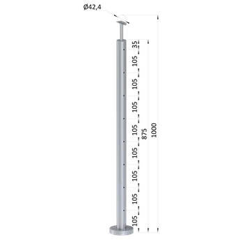 Zábradlí Nerezový sloup, vrchní kotvení, 8 děrový na lanko, koncový, vrch pevný (ø 42.4x2mm), broušená nerez K320 /AISI304