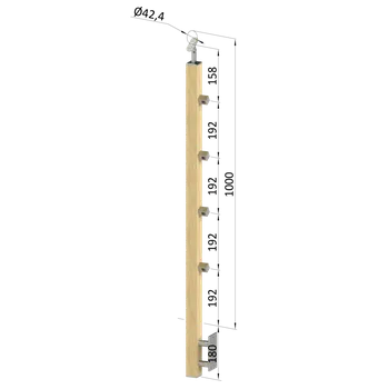 Dřevěný sloup, boční kotvení, 4 řadový, průchozí, vnitřní, vrch nastavitelný, (40x40mm), materiál: buk, broušený povrch bez nátěru