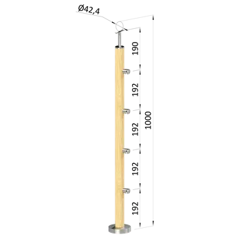 Zábradlí Dřevěný sloup, vrchní kotvení, 4 řady, průchozí, pevný vrchol (ø 42 mm), materiál: buk, broušený povrch bez nátěru