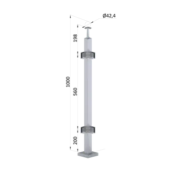 Zábradlí Nerezový sloup, vrchní kotvení, výplň: sklo, rohový, vrch pevný, (40x40 mm), broušená nerez K320 / AISI304