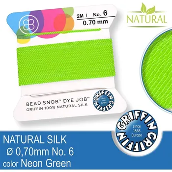 Nit Hedvábná nit s jehlou GRIFFIN síla nitě 0,7mm No.6 délka 2m. Barva Neon Green.