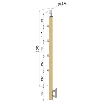 Dřevěný sloup, boční kotvení, 4 řadový, průchozí, vnější, vrch nastavitelný, (40x40mm), materiál: buk, broušený povrch bez nátěru