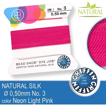 Nit Hedvábná nit s jehlou GRIFFIN síla nitě 0,5mm No.3 délka 2m. Barva Neon Light Pink.