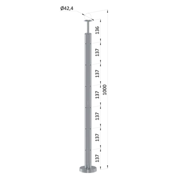 Nerezový sloup, vrchní kotvení, bez výplně, 6 řadový se závitem M6, rohový: 90°, vrch pevný (ø 42.4x2mm), broušená nerez K320 /AISI304