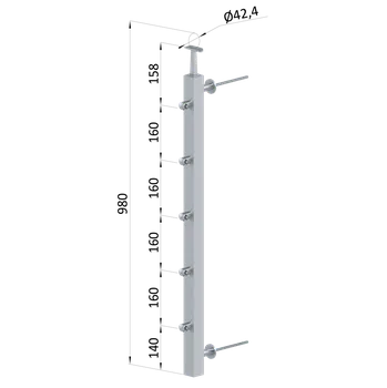 Zábradlí Nerezový sloup na francouzský balkón, boční kotvení, 5 řadový, pravý, vrch pevný, (40x40x2.0 mm), broušená nerez K320 /AISI304