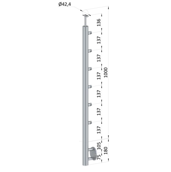 Nerezový sloup, boční kotvení, 6 řadový průchodný, vnitřní, vrch pevný (ø 42,4x2 mm), broušená nerez K320 / AISI3044