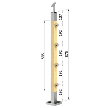 Zábradlí Dřevěný sloup, vrchní kotvení, průchozí, 4 řadový, vrch nastavitelný (40x40mm), materiál: buk, broušený povrch s nátěrem BORI (bezbarvý)