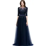Dlouhé krajkové šaty s páskem a tříčtvrtečním rukávem pro ples Barva: Tmavě Modrá, Velikost: L