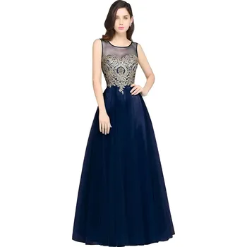 Dámské šaty Dlouhé šaty s krajkovými aplikacemi a korálky pro slavnostní příležitost Barva: Tmavě Modrá, Velikost: S