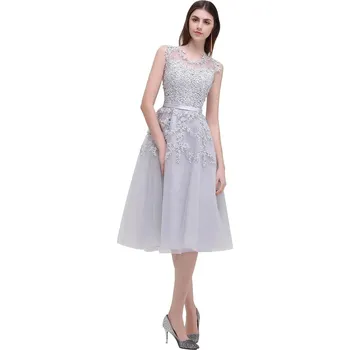 Dámské šaty Čajové šaty s květinovými aplikacemi a páskem pro slavnostní příležitosti Barva: Stříbrná, Velikost: L