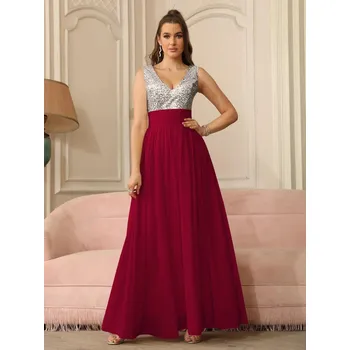 Dámské šaty Flitrované šaty s výstřihem do V a tylovou sukní pro slavnostní večer Barva: Bordová, Velikost: 3XL