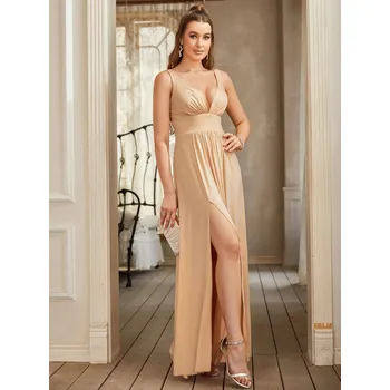 Dámské šaty Dlouhé společenské šaty s výstřihem do V a rozparkem pro večerní akce Barva: Zlatá, Velikost: XL