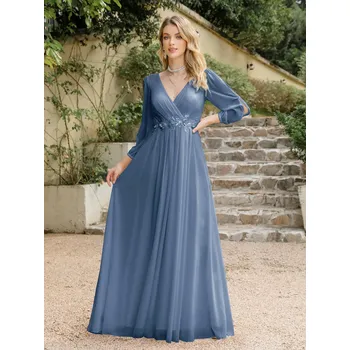 Dámské šaty Tylové večerní šaty s dlouhým rukávem a výšivkami Barva: Modrá, Velikost: XL