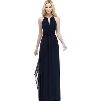 Dámské šaty Dlouhé šifonové šaty s halter výstřihem a páskem v pase Barva: Tmavě Modrá, Velikost: S