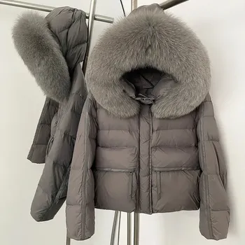 Dámská parka Dámská prošívaná bunda s kapucí a límcem z pravé liščí kožešiny Velikost: M, Barva (Varianta): Gray grey