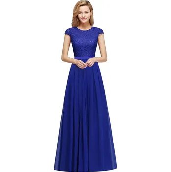 Dámské šaty Dlouhé šifonové šaty s krajkovým živůtkem pro svatební hosty Barva: Safírová, Velikost: XS