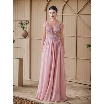 Dámské šaty Dlouhé šifonové šaty s krajkou a ramínky pro plesové příležitosti Barva: Růžová, Velikost: S