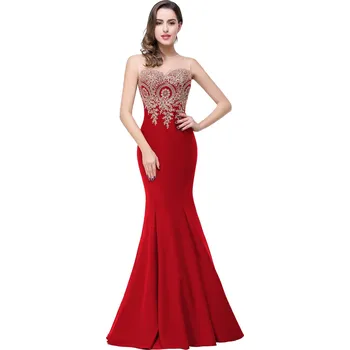 Dámské šaty Dlouhé šaty se zlatými aplikacemi a krajkovým živůtkem pro slavnosti Barva: Červená, Velikost: XS