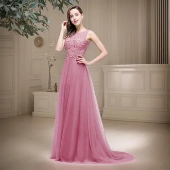 Dámské šaty Dlouhé tylové šaty s vlečkou a krajkovými aplikacemi pro svatební hosty Barva: Růžová, Velikost: 3XL