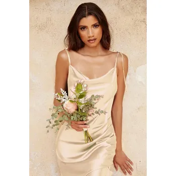 Dámské šaty Saténové midi šaty s tenkými ramínky a rozparkem pro večerní akce Barva: Šampaňská, Velikost: 2XL