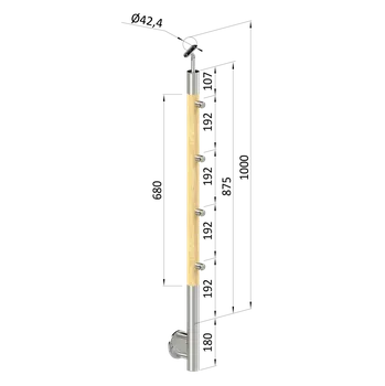 Dřevěný sloup, boční kotvení, 4 řadový, průchozí, vnější, vrch nastavitelný (ø42 mm), materiál: buk, broušený povrch s nátěrem BORI (bezbarvý)